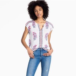 Lucky Brand boho floral white linen blend tee